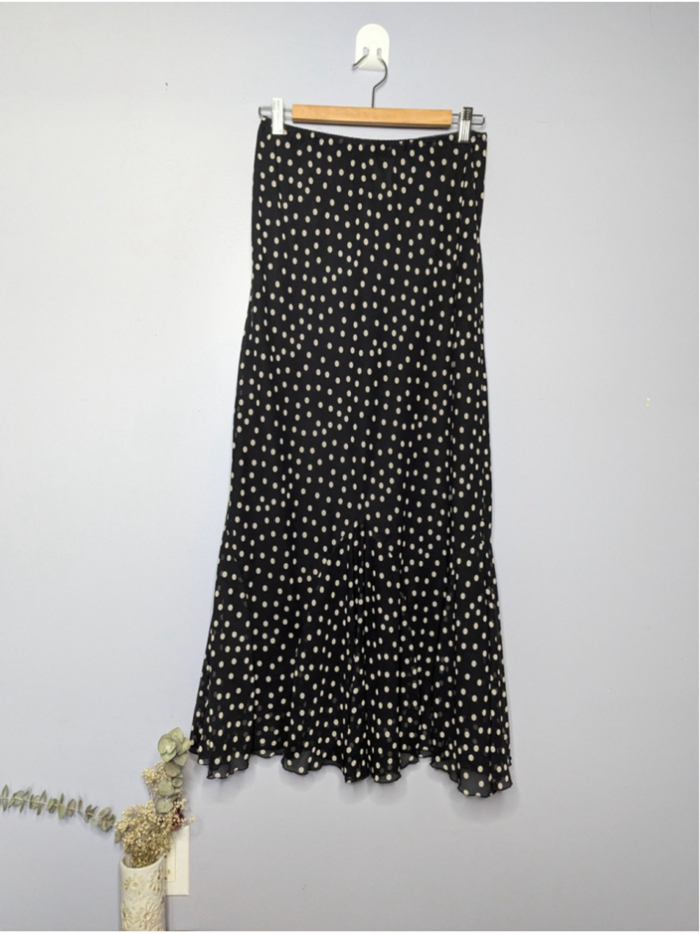 Vintage Chadwick's Polka Dot Flounce Hem Maxi Skirt Black Cream Size 8T - Picture 3 of 10